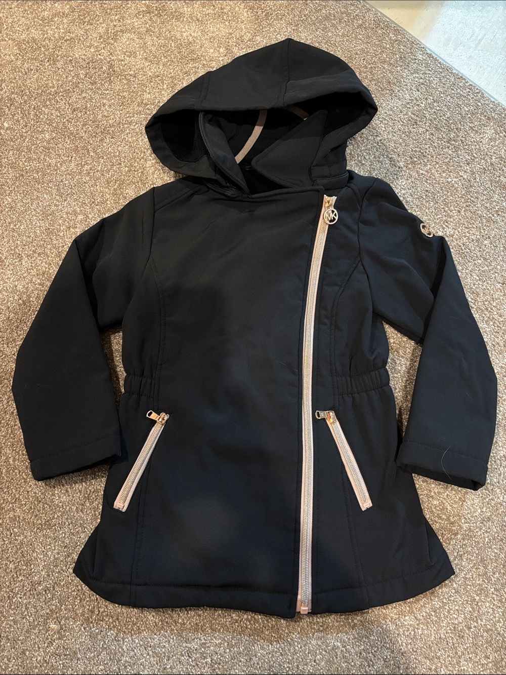 Children's Black Hooded Jacket with Asymmetrical Zip Micheal Kors